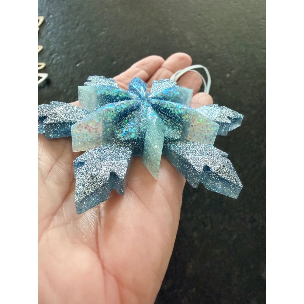 Blue Glitter Resin Snowflake‎ Ornament Silver Holographic Winter Holiday Decor
